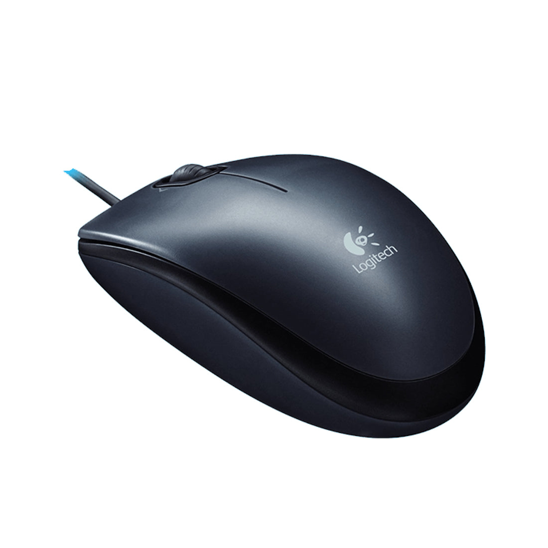 A black wired computer mouse with a scroll wheel and the Logitech logo.