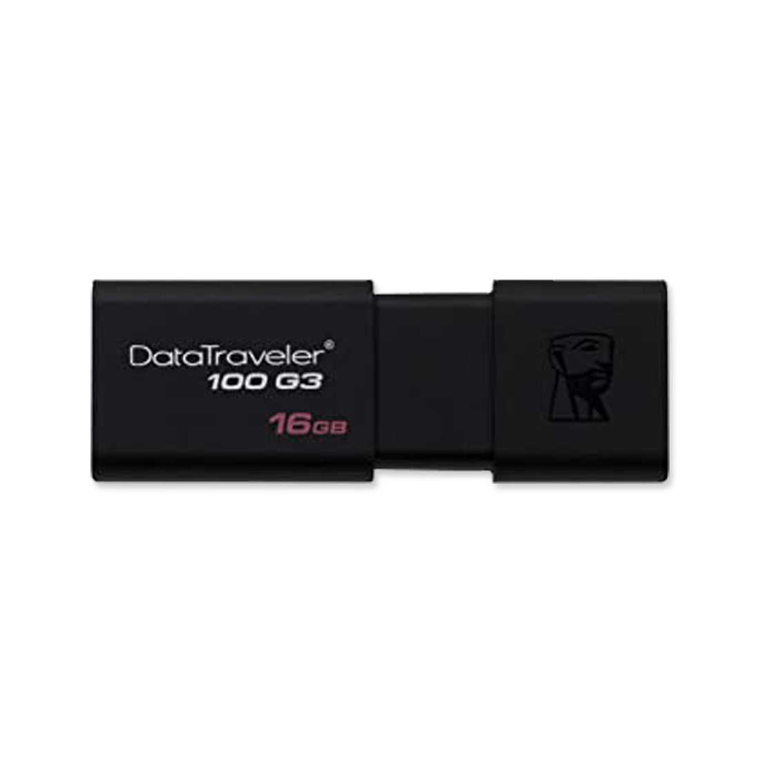 A black USB flash drive labeled "DataTraveler 100 G3" with a capacity of 16GB.