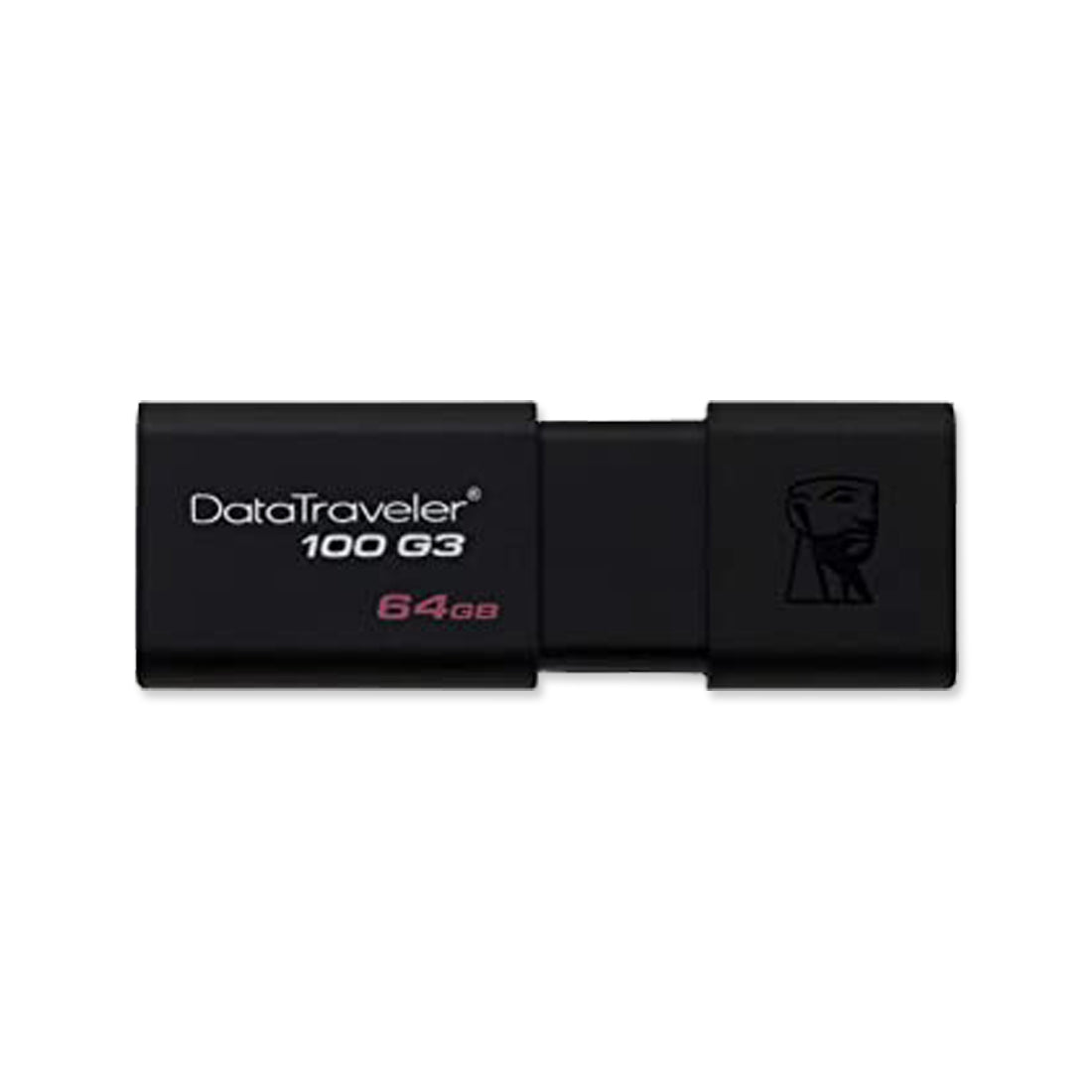 A black USB flash drive labeled "DataTraveler 100 G3" with a storage capacity of 64GB.