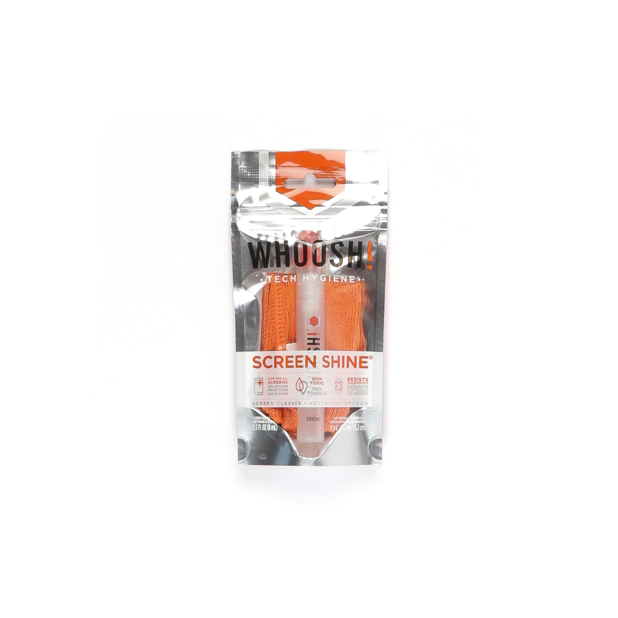 A bottle of Whoosh! Screen Shine cleaner next to an orange microfiber cloth.