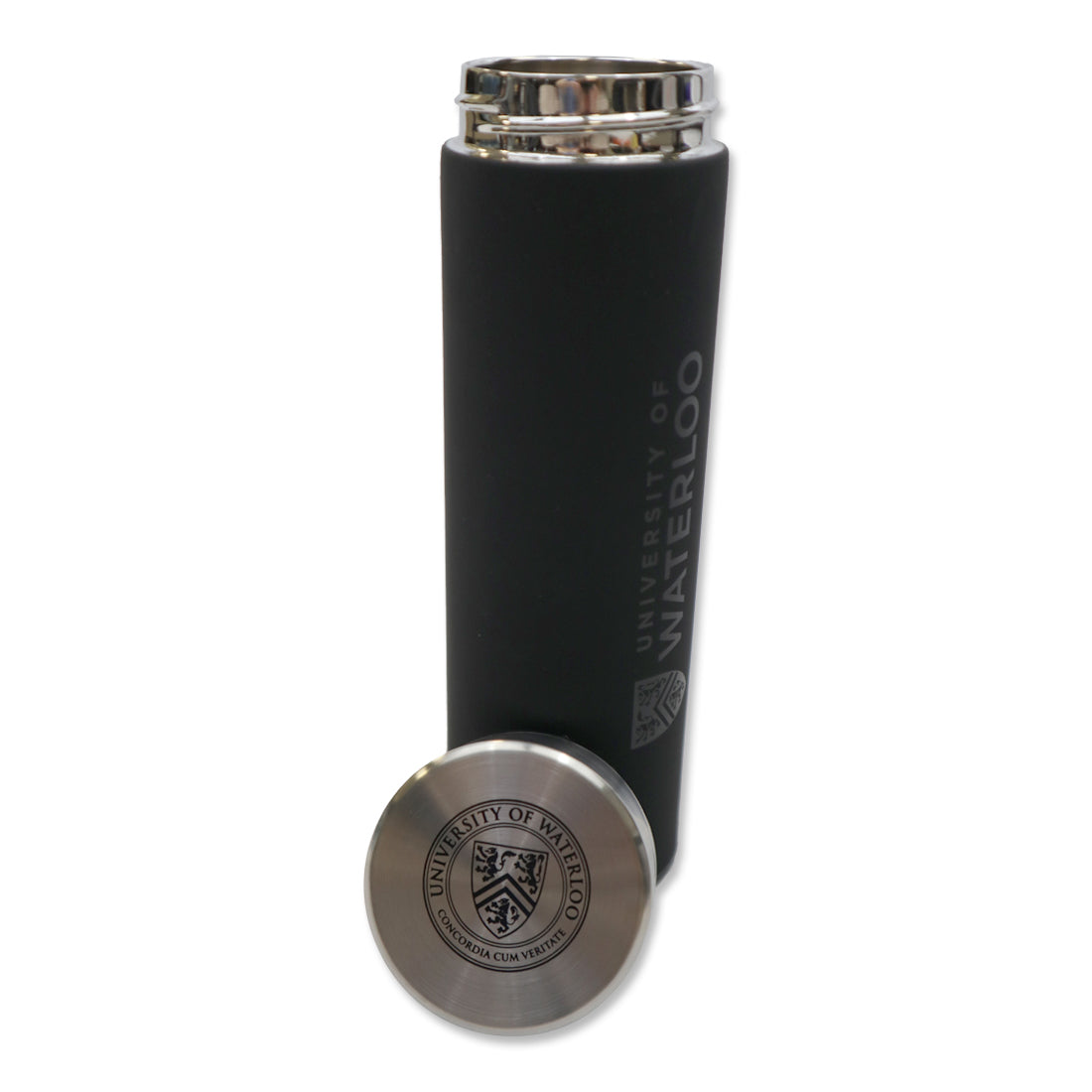 A black stainless steel travel mug with a silver lid, featuring the "University of Waterloo" logo.