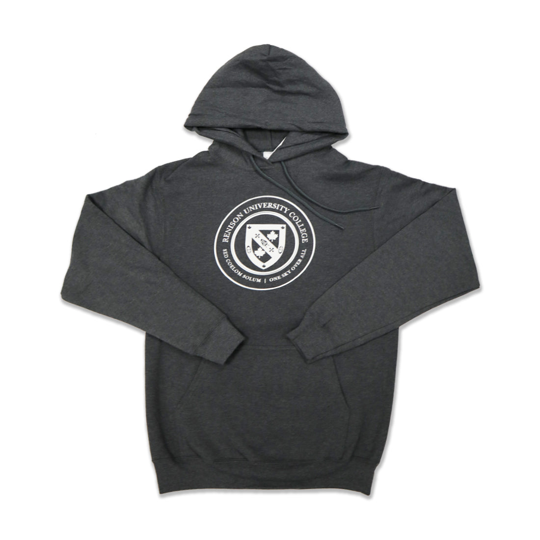 A dark gray hoodie featuring a circular emblem with "Ryerson University College" and a shield design in the center.