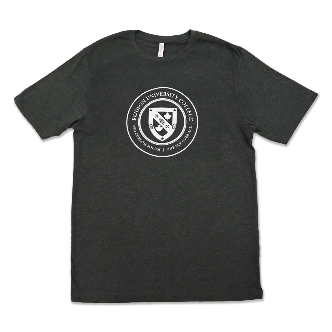 Dark grey t-shirt featuring the Renison University College crest in white at the center.