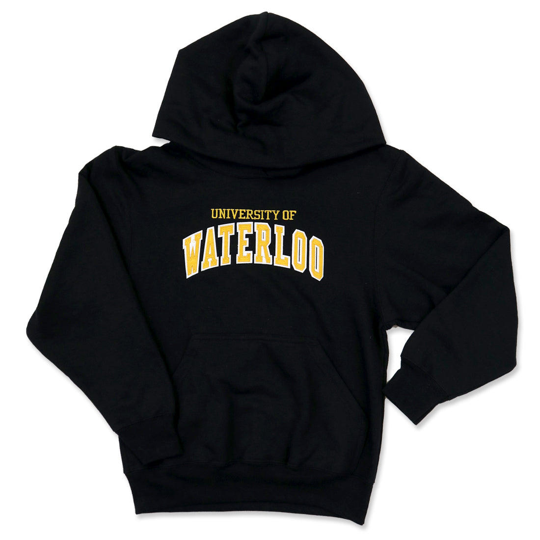 Black hoodie with "University of Waterloo" in yellow and white text on the back.