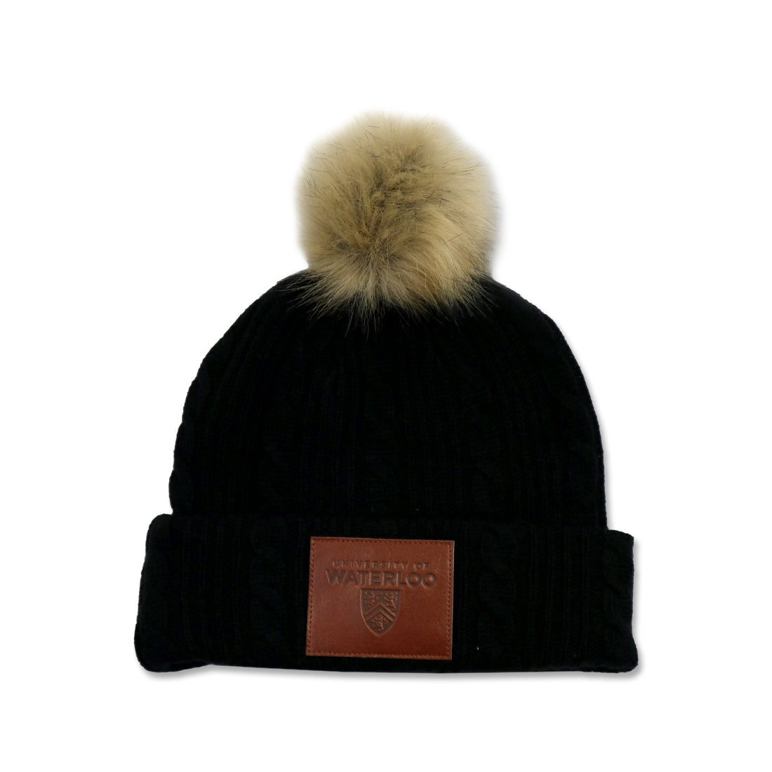 Black knit beanie with a fur pom-pom on top and a leather patch that reads "University of Waterloo."