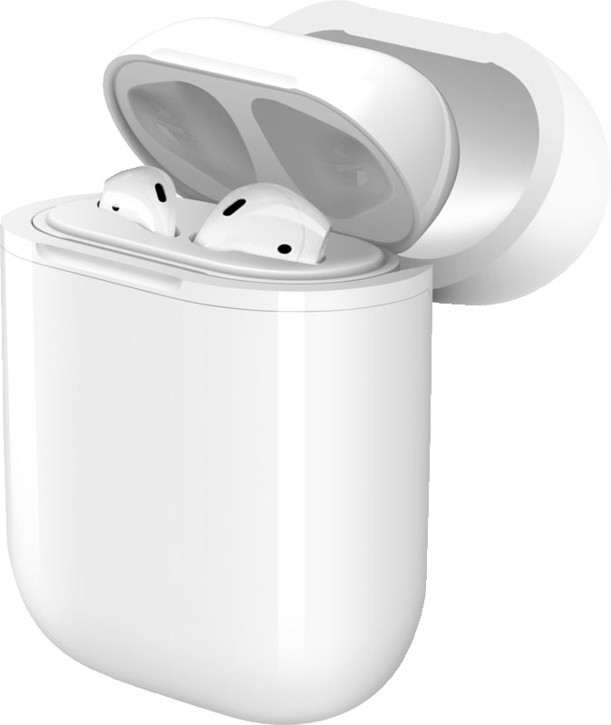 A pair of wireless earbuds inside a white charging case, which is partially open. The earbuds are white with a sleek design.