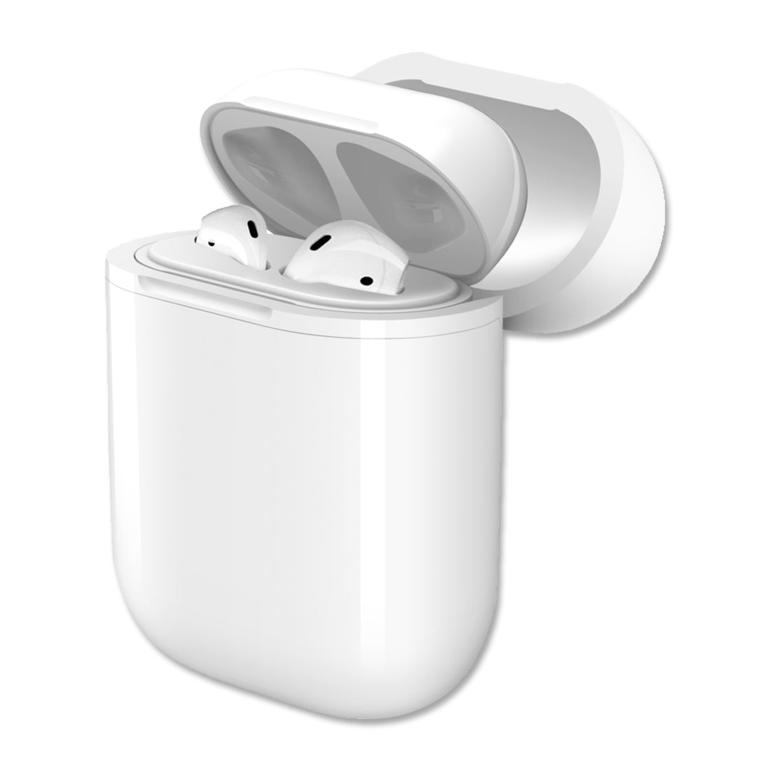 White wireless earbuds in a charging case, with the lid open and two earbuds visible inside.