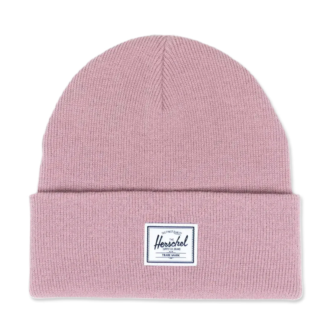 Pink knit beanie with a folded cuff and a white Herschel patch on the front.
