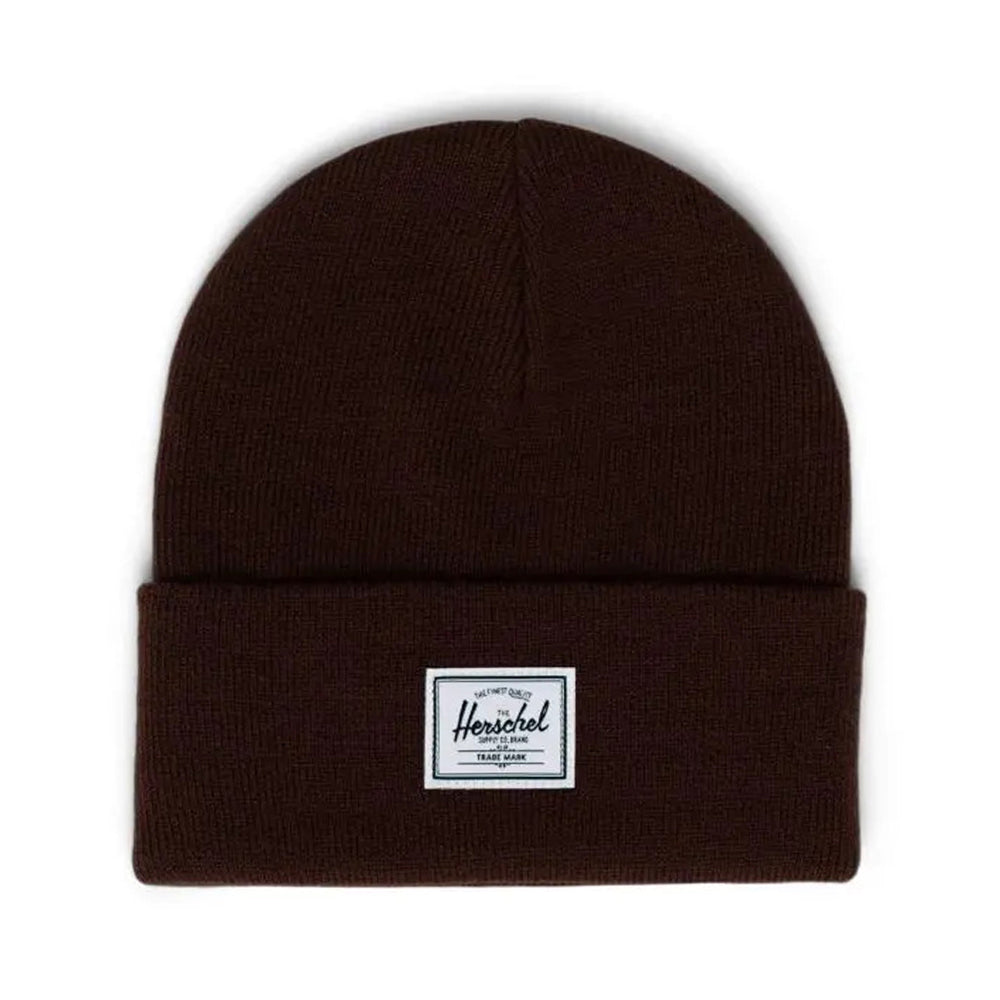 Brown knit beanie with a folded cuff and a label reading "Herschel" on the front.