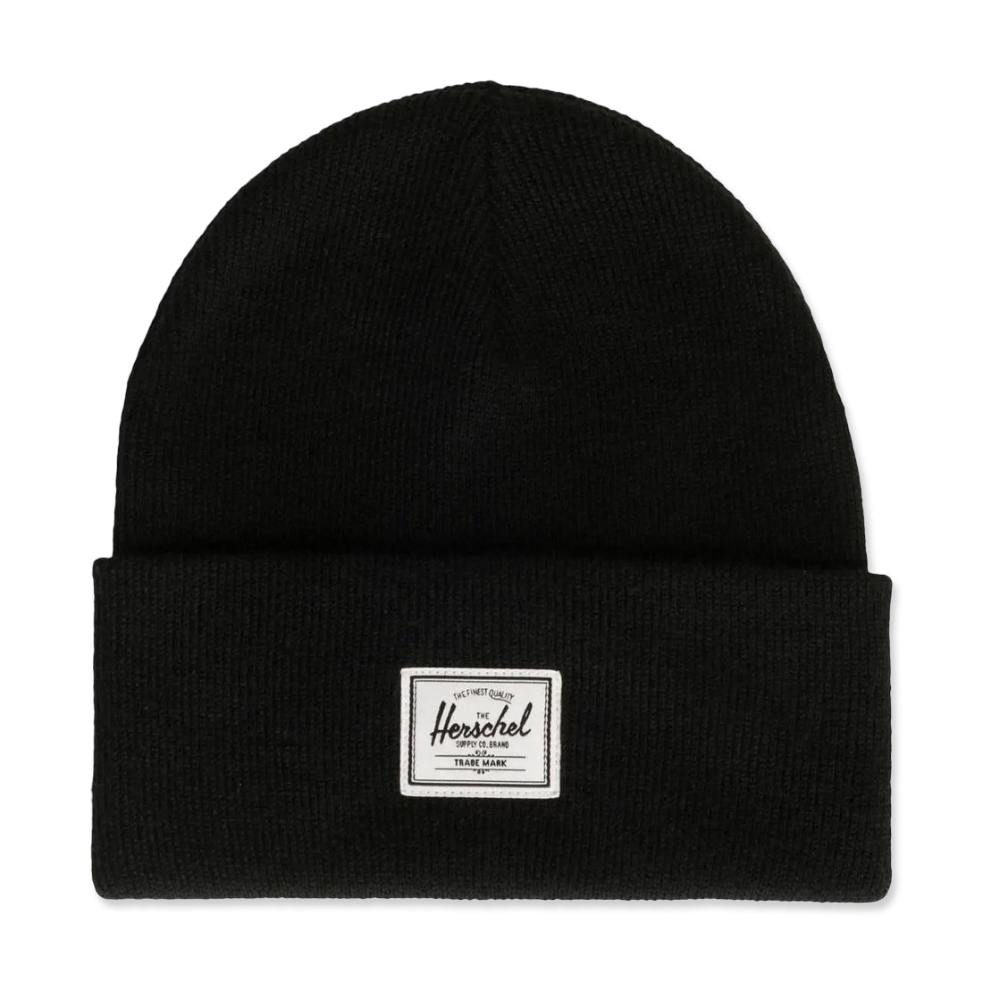 Black knit beanie with a folded cuff and a white label on the front.