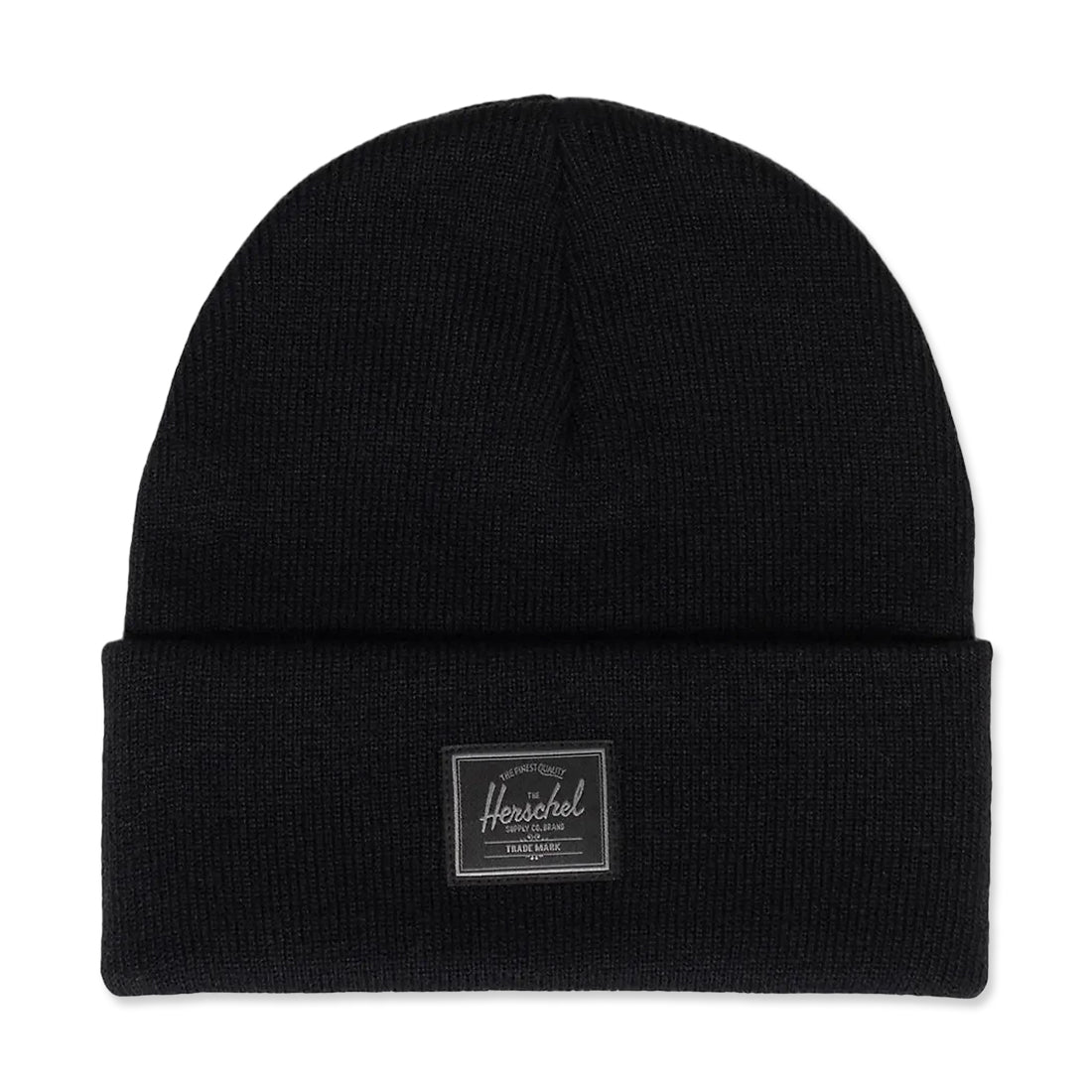 Black knit beanie with a folded cuff and a small Herschel patch on the front.