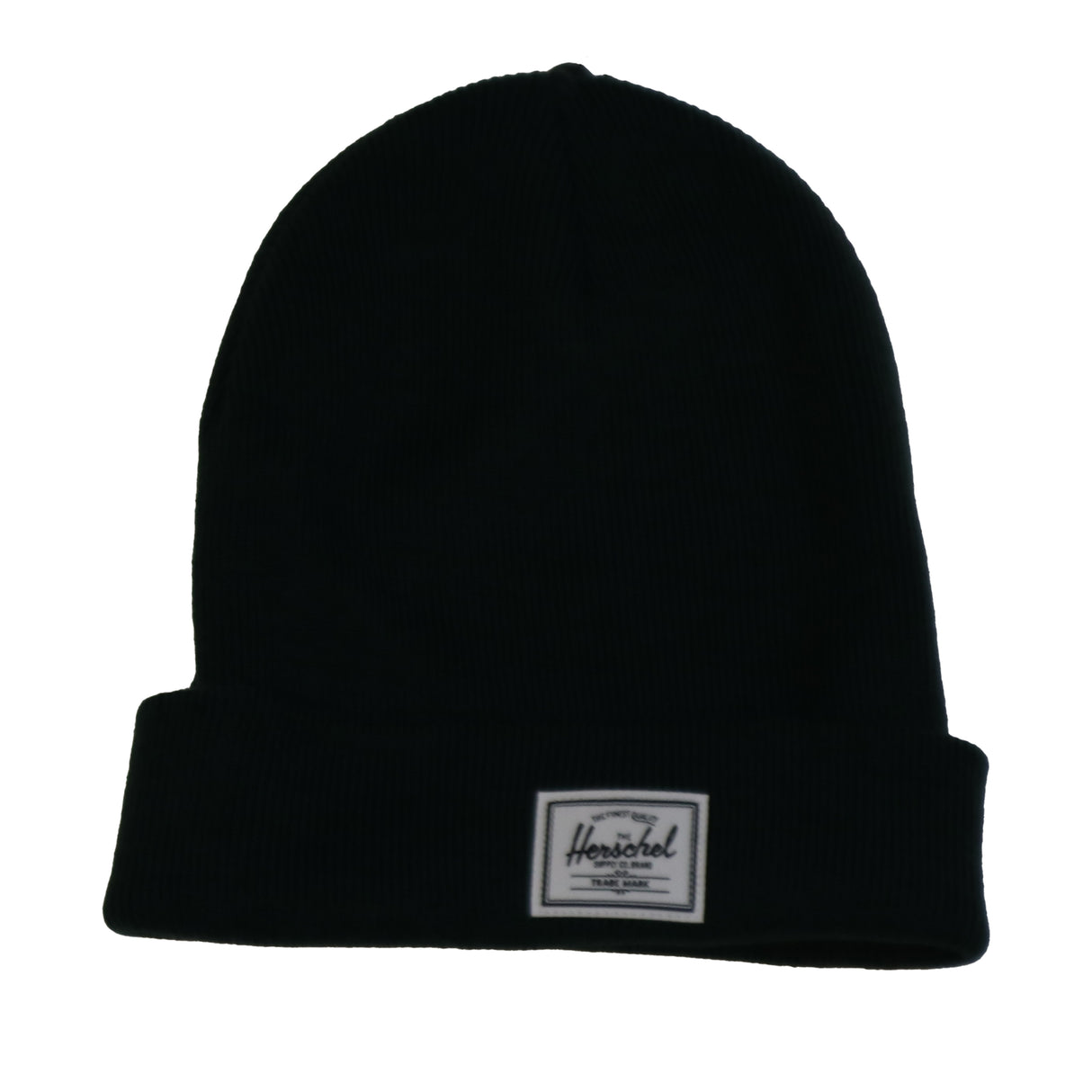 A black knit beanie hat with a folded cuff and a white label featuring the brand name "Herschel."