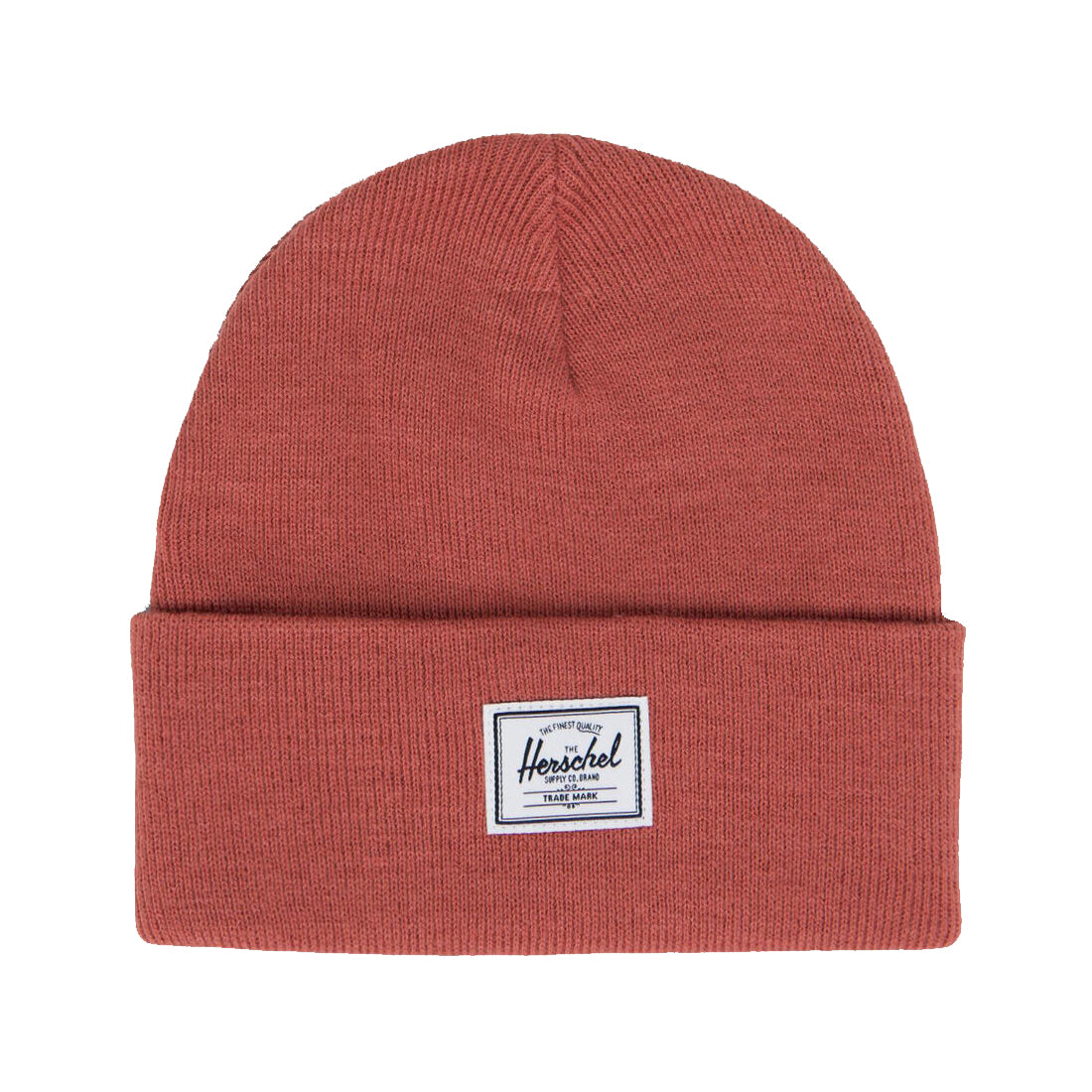 A rust-colored knit beanie with a folded cuff and a small rectangular tag that says "Herschel" on it.