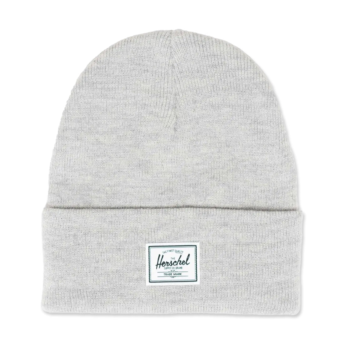 Light gray knit beanie with folded cuff and Herschel logo patch.