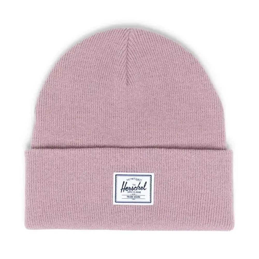 Light pink beanie hat with a folded cuff and a white Herschel label.