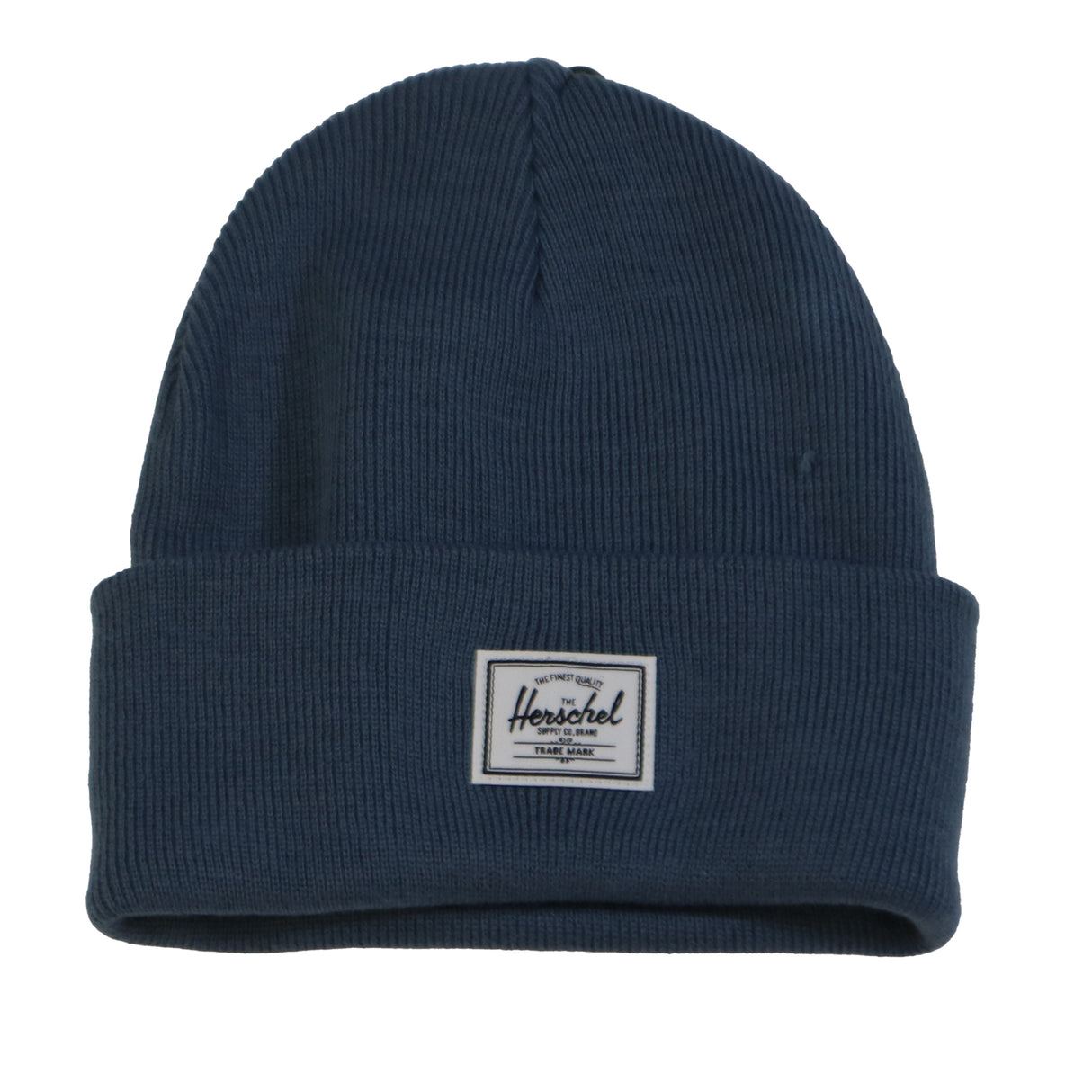 A dark blue ribbed beanie with a white Herschel label on the front.
