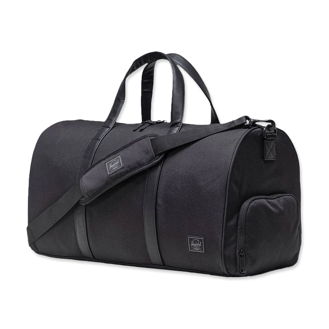 Black duffel bag with two top handles, a detachable shoulder strap, and a small zippered side pocket.