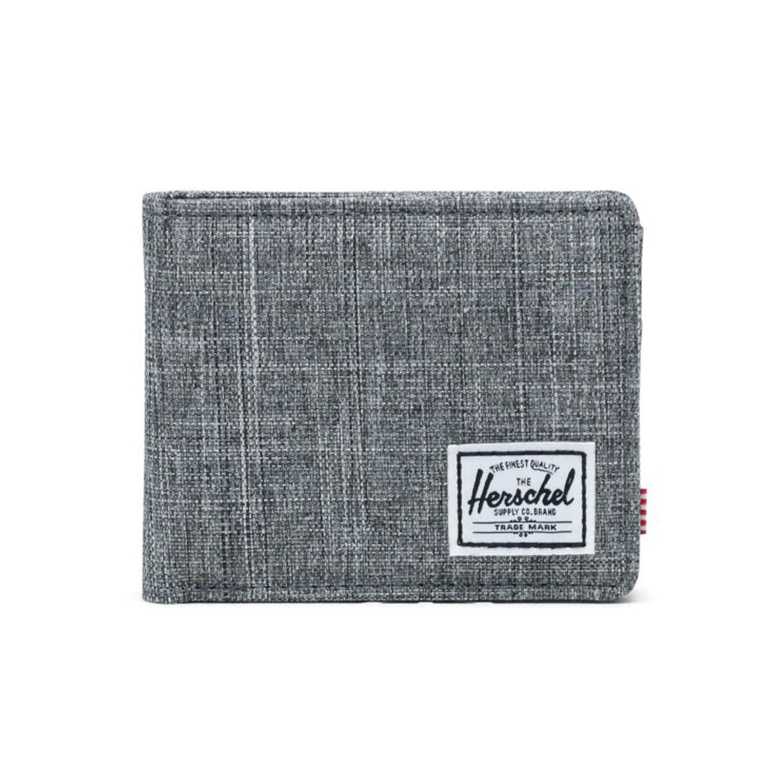 Gray fabric wallet with a white Herschel logo patch on the front.