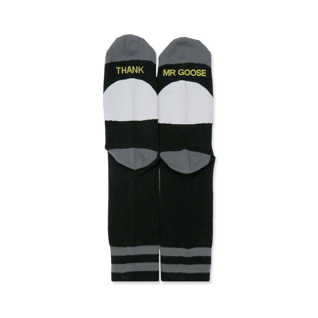 Black socks with gray and white accents, featuring the text "THANK" on one sock and "MR GOOSE" on the other.