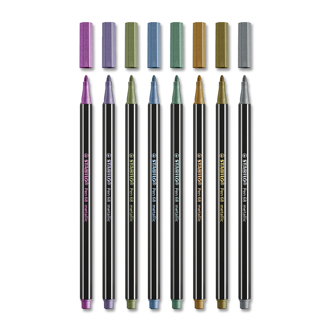Eight metallic markers in various colors with caps above each marker.
