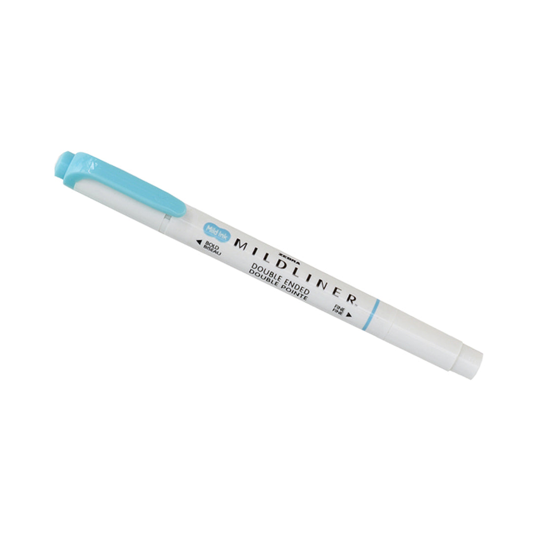 A double-ended highlighter pen with a light blue color and a white body, labeled "Mildliner."