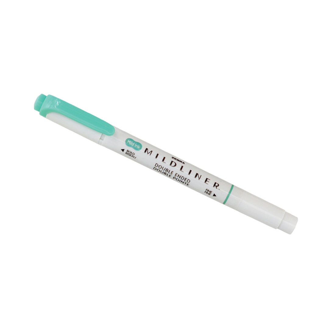 A double-ended highlighter pen with a light teal cap and white body, labeled "MILDLINER."