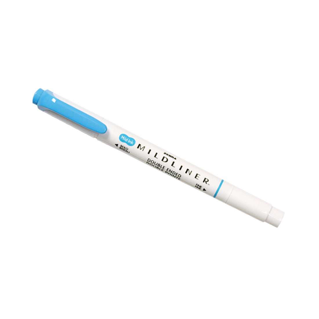 A blue double-ended highlighter with a white body labeled "MILDLINER."