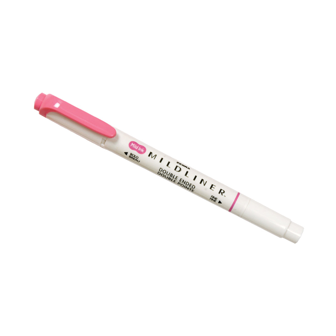 A pink double-ended highlighter with a white body labeled "MILDLINER."