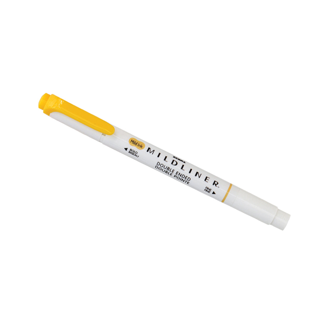 A yellow double-ended highlighter with a white body labeled "MILDLINER."