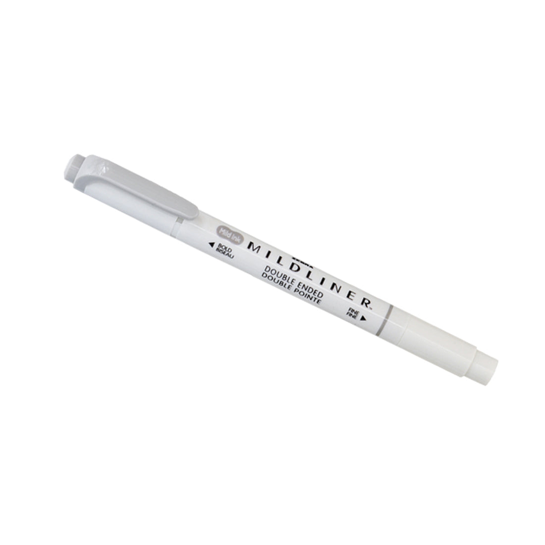 A double-ended Mildliner pen in white, featuring a grey body with labels on the side.