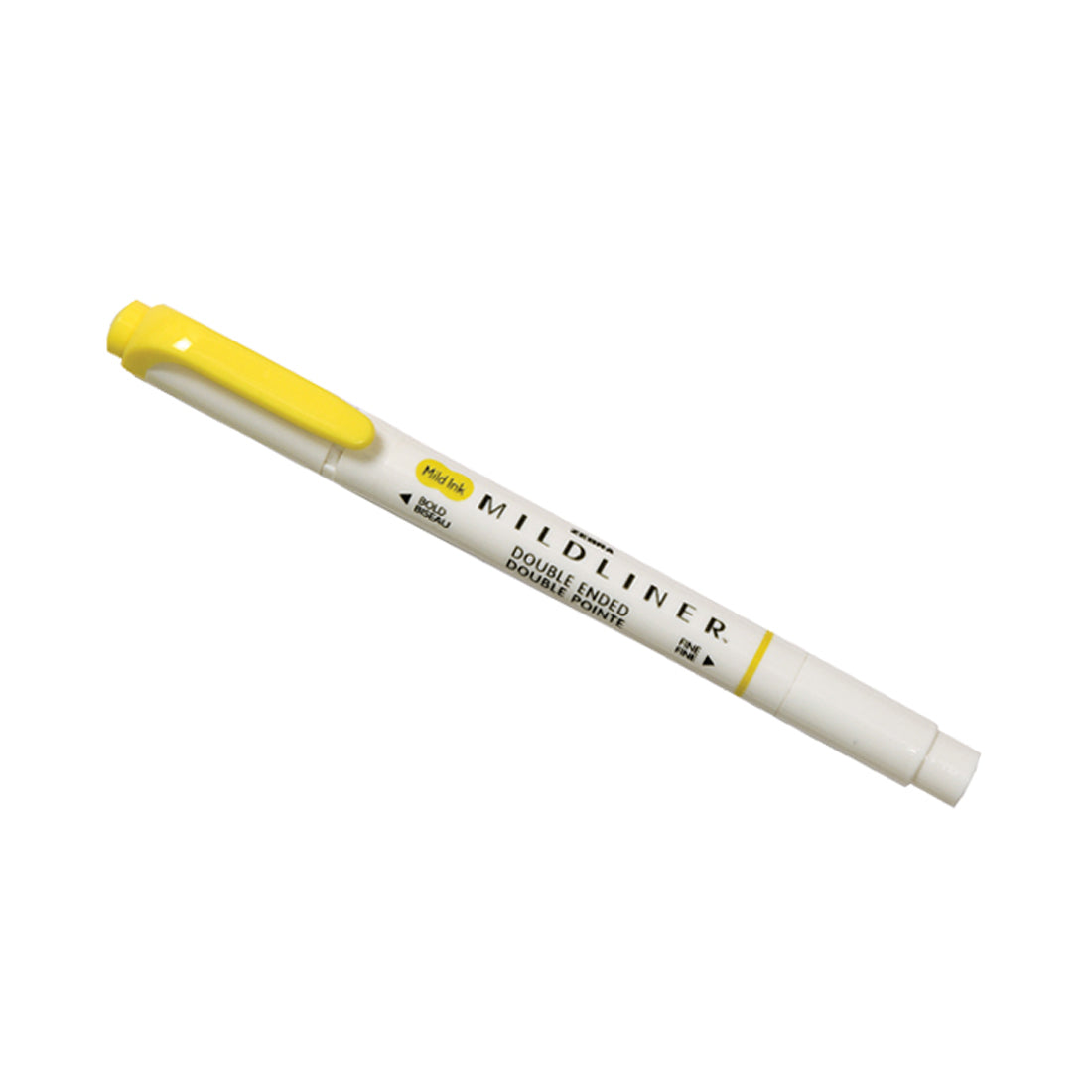A yellow double-ended highlighter pen with a white body, labeled "MILDLINER."
