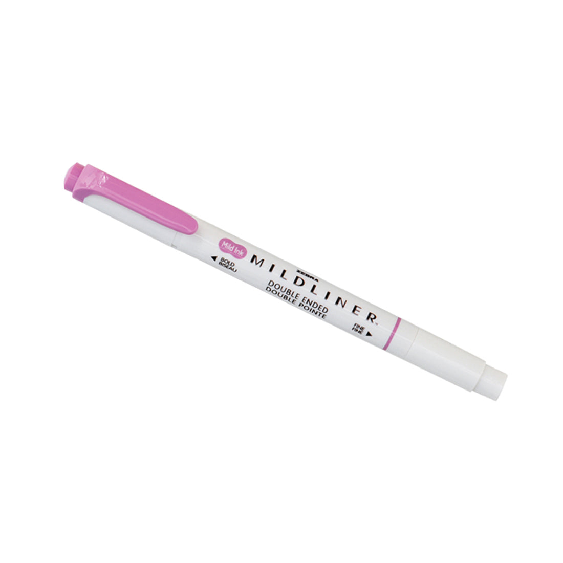 A pink double-ended highlighter pen on a white background.