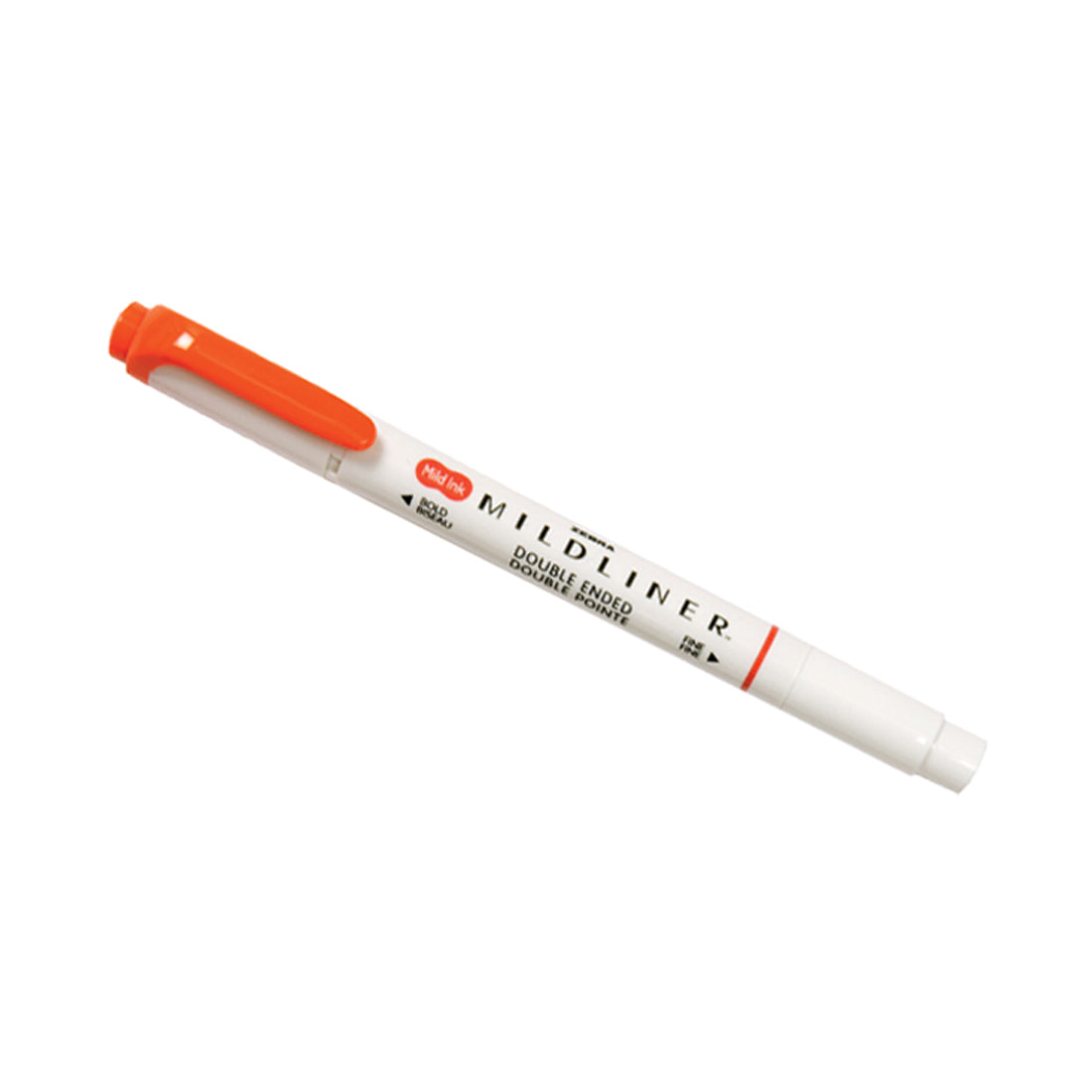 Orange double-ended highlighter pen with a white body labeled "MILDLINER."