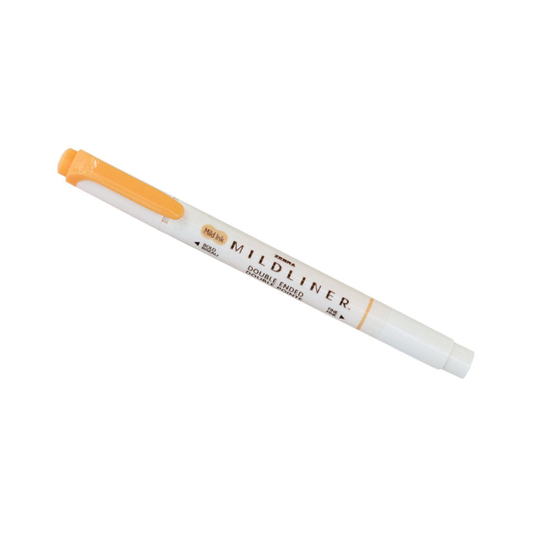 A double-ended highlighter with an orange tip and a white barrel labeled "Mildliner."
