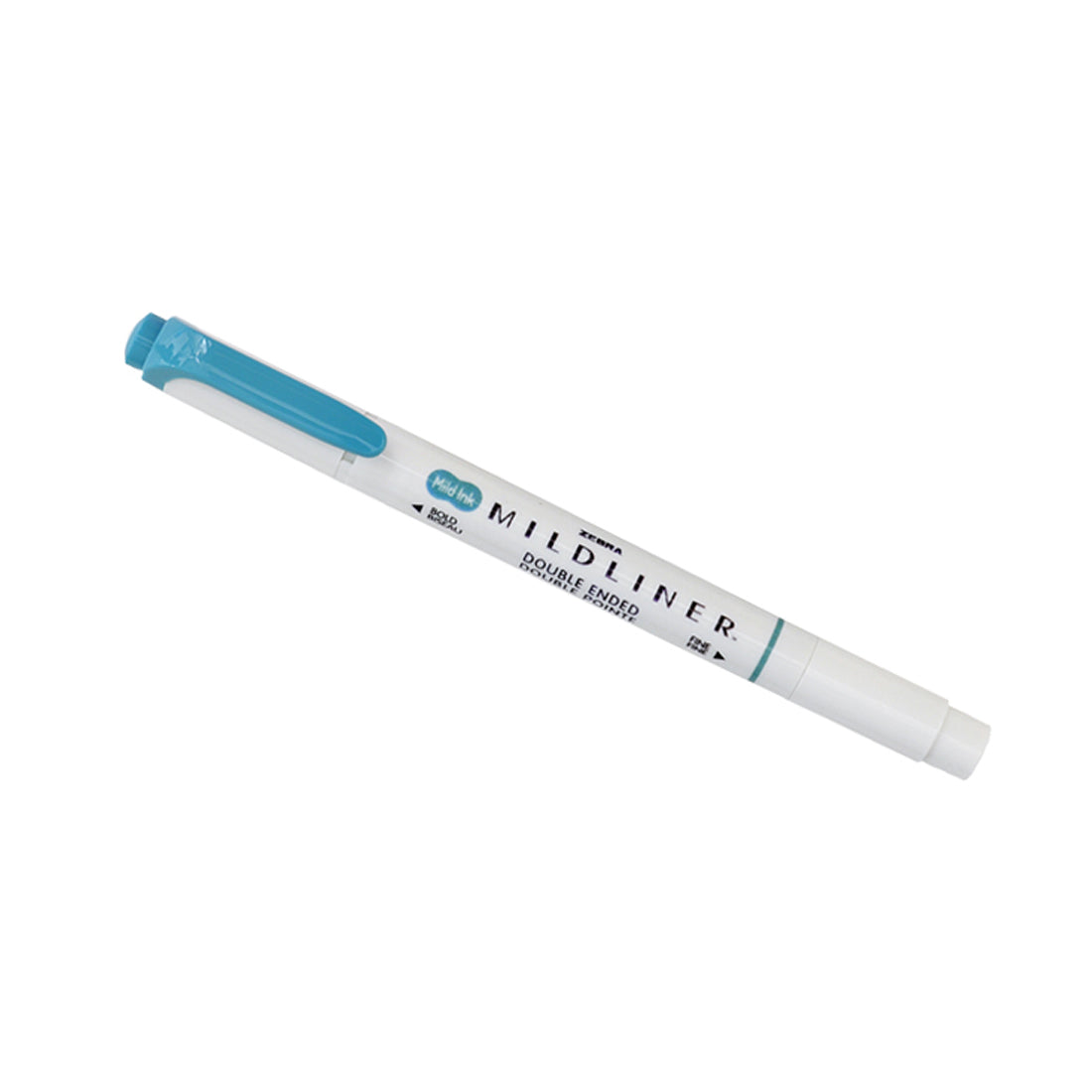 A double-ended highlighter pen with a light blue color and a white body, labeled "MILDLINER."