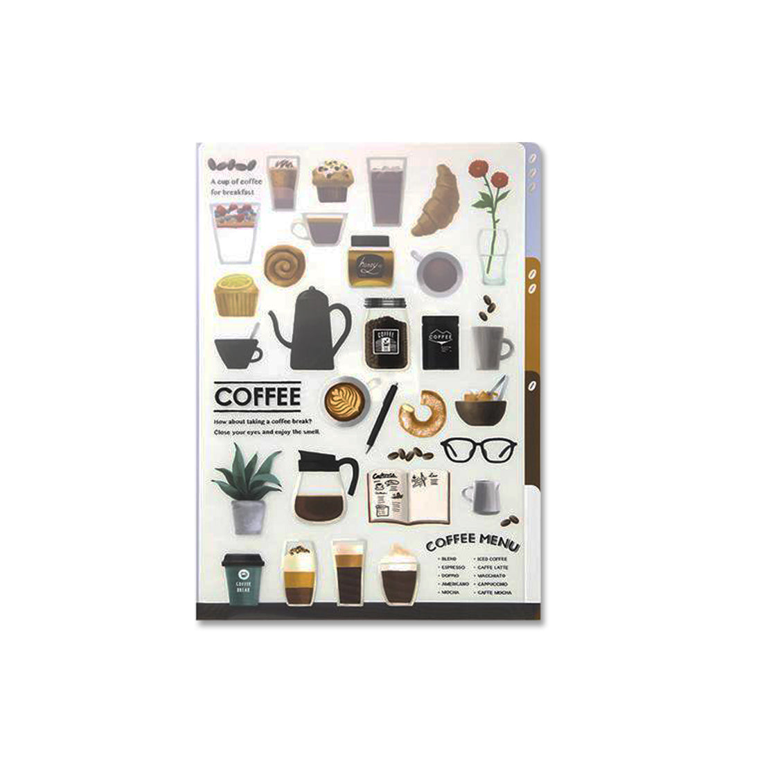 A collage of coffee-related illustrations including cups, pastries, and a coffee menu.