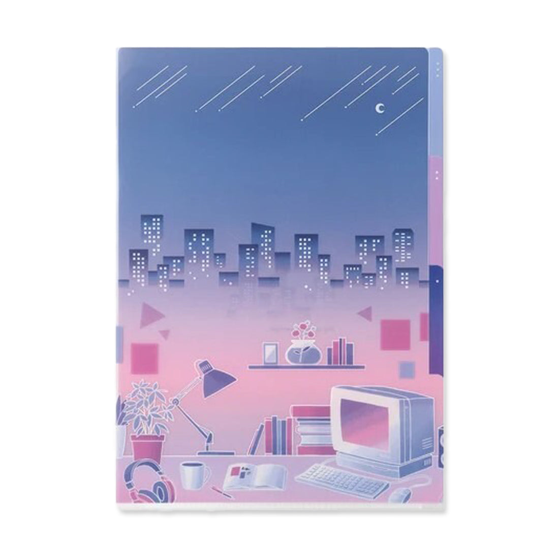 Illustration of a workspace with a computer, books, a lamp, and a plant, set against a gradient city skyline at dusk.