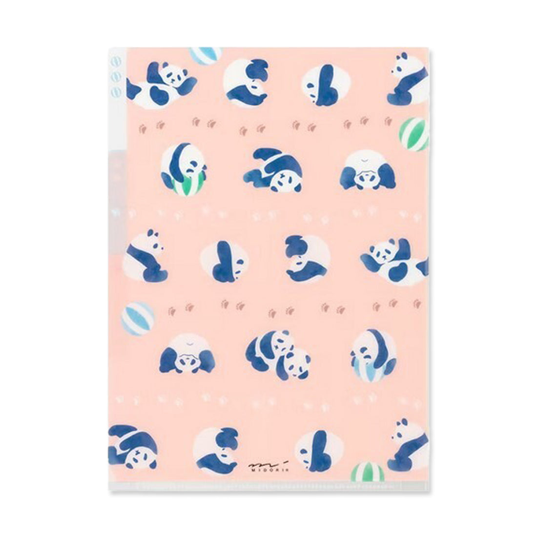 A pink background featuring playful pandas in various poses, some holding balls.