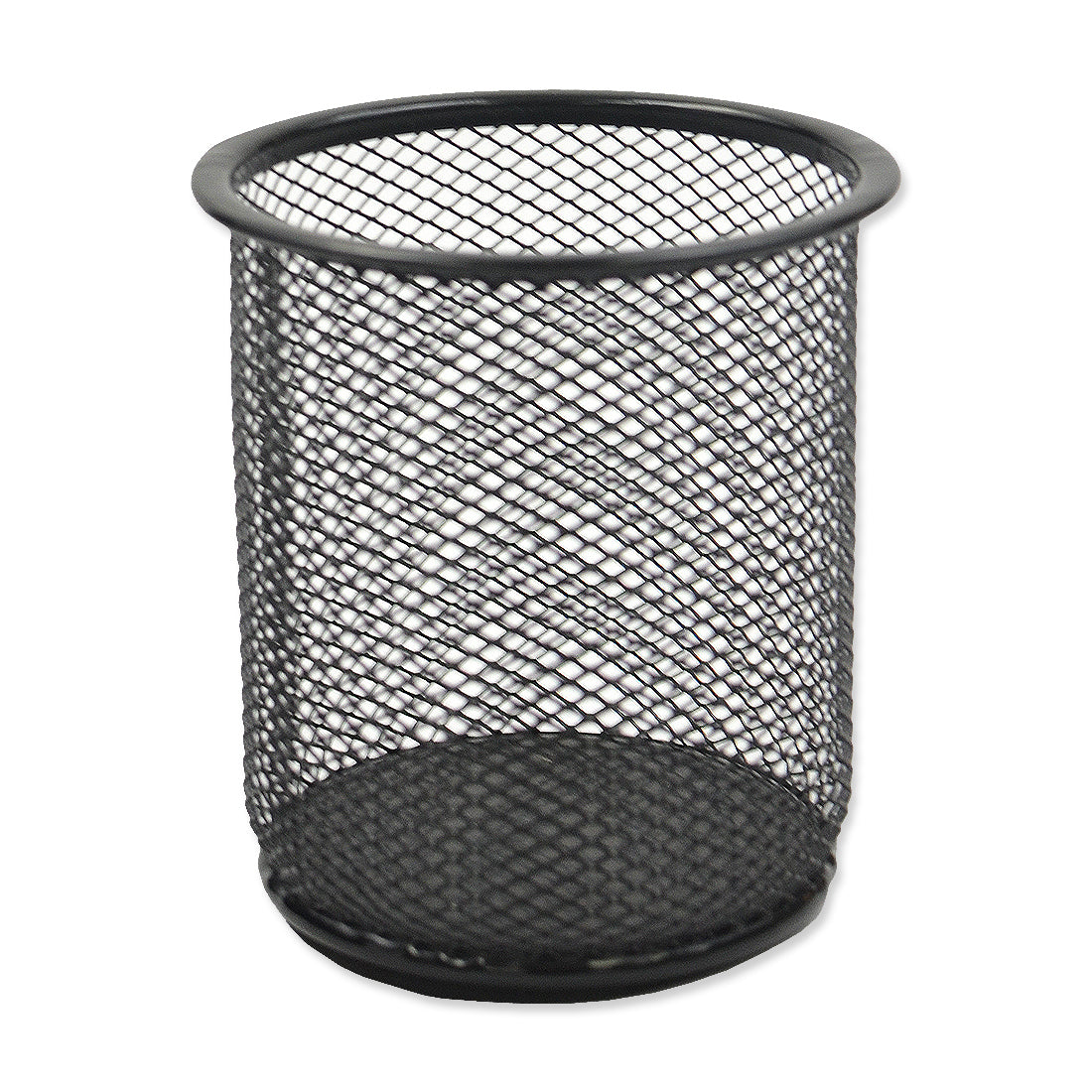 Round black metal mesh wastebasket.