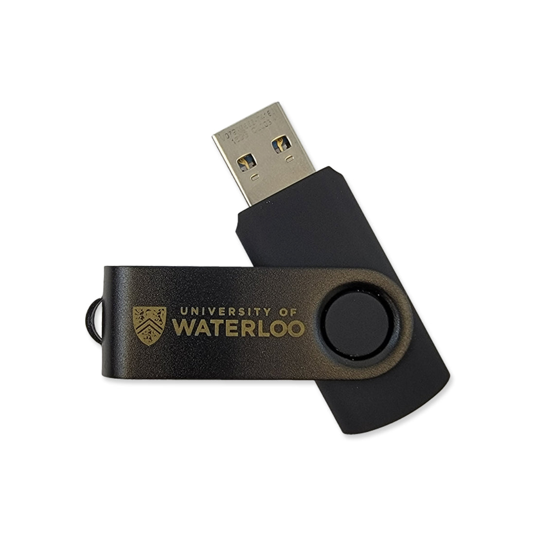 A black USB flash drive with the text "UNIVERSITY OF WATERLOO" and a shield logo.