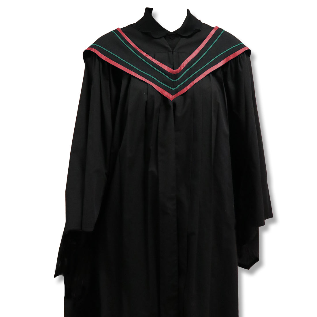 Black graduation gown with a pink and green chevron V-shaped yoke.