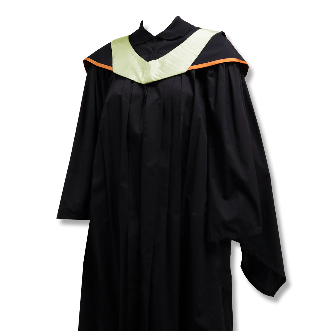 A black graduation gown with a light green and orange collar, displayed without a mannequin.