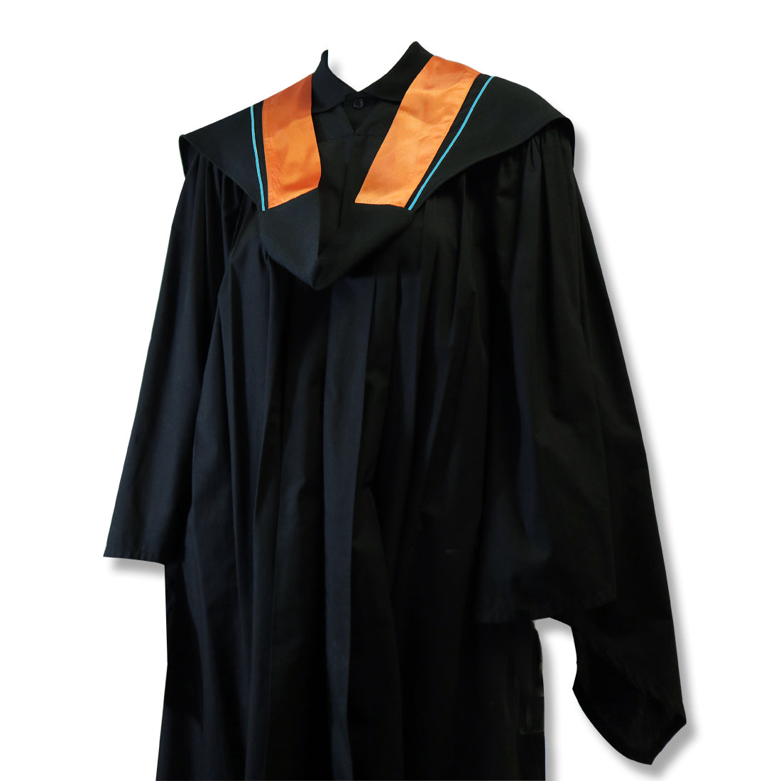 A black graduation gown with an orange and teal collar.