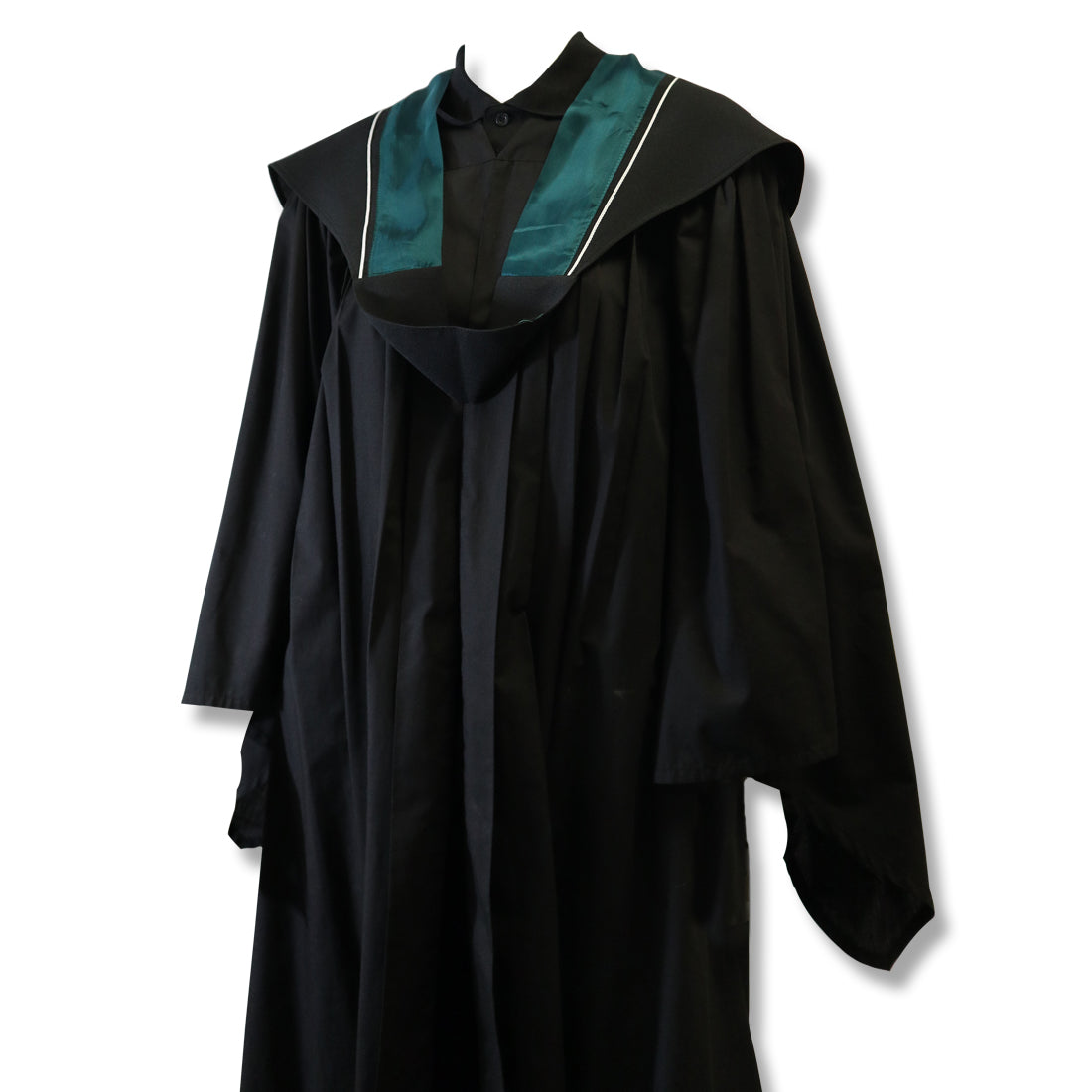 A black graduation gown with a teal and white collar.