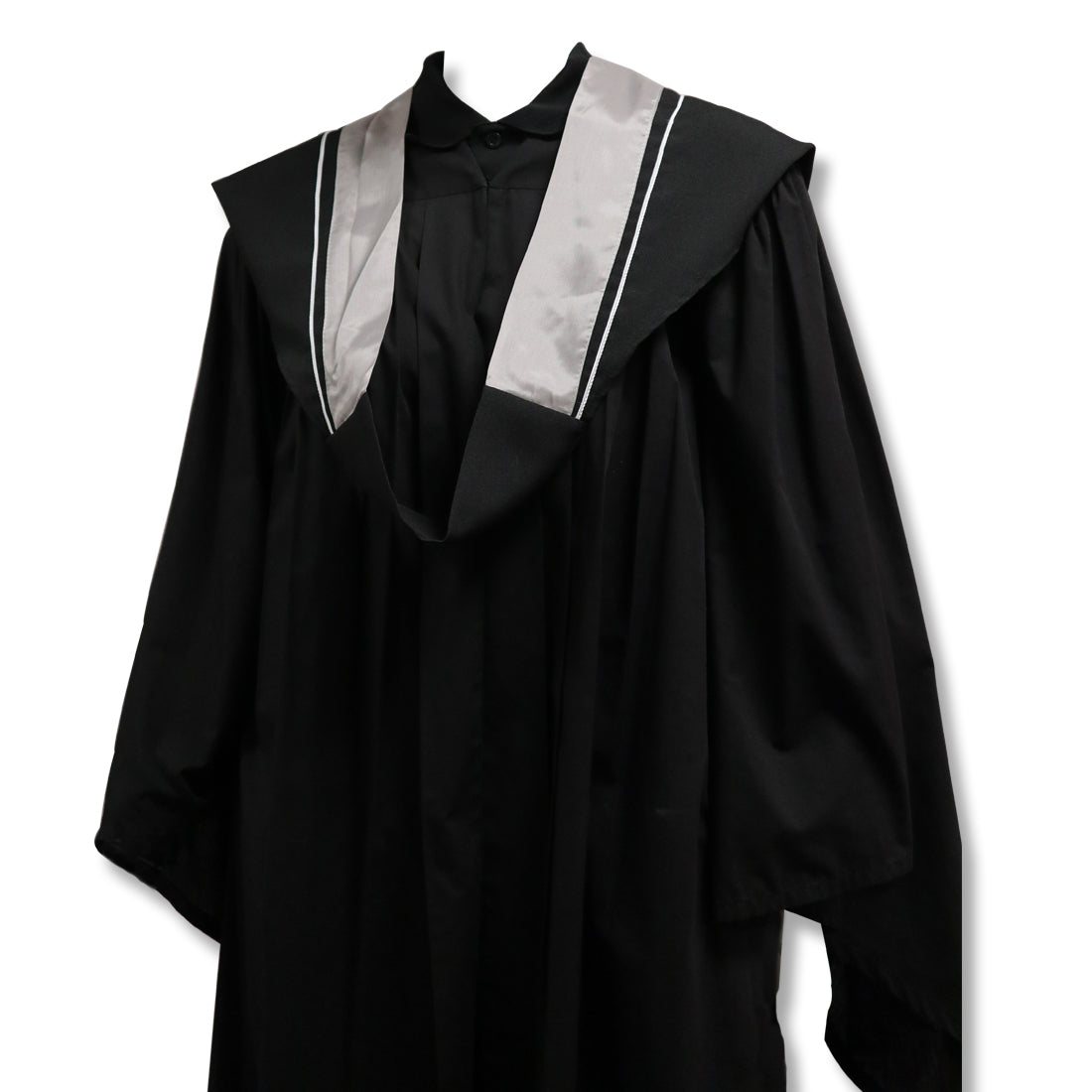 Black graduation gown with a wide, silver-trimmed collar.