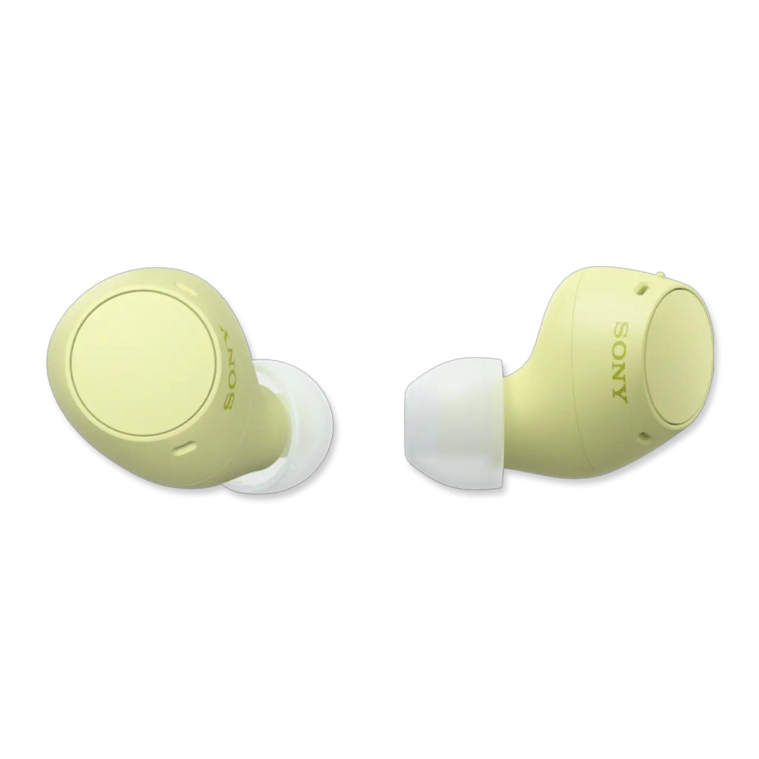 A pair of light green Sony wireless earbuds with silicone tips.