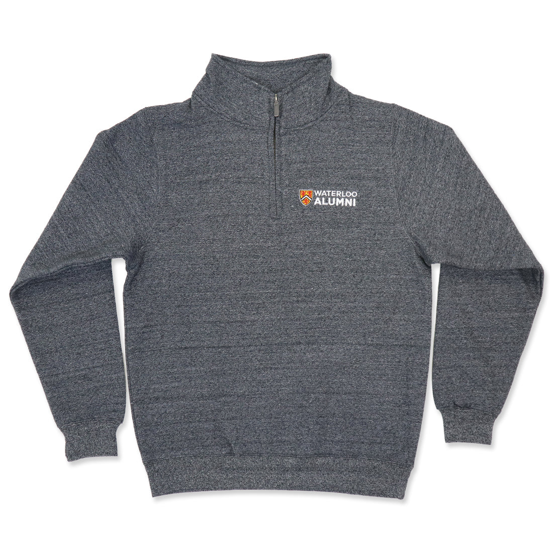 Gray quarter-zip sweatshirt with "WATERLOO ALUMNI" logo on the left chest.