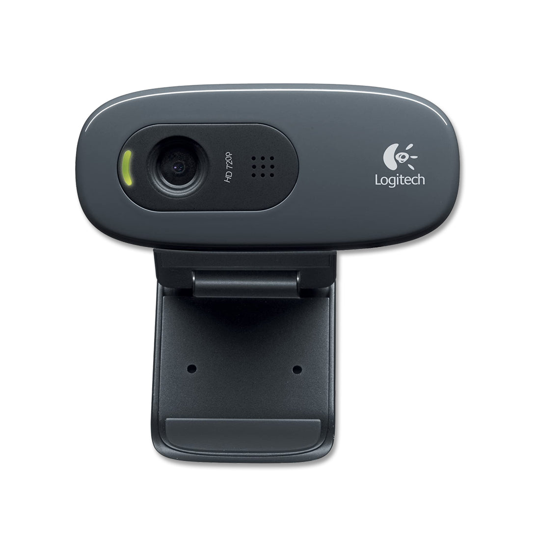 A Logitech HD 720p webcam with a grey body and a foldable clip for mounting.