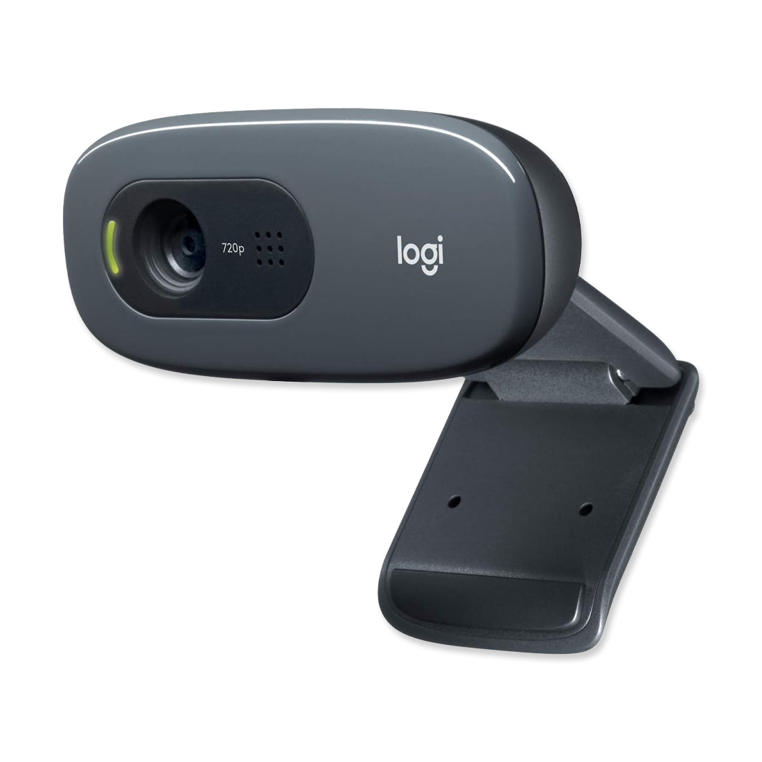 Gray Logitech webcam with a fold-out mount, lens on the left, 720p label, and green status light.