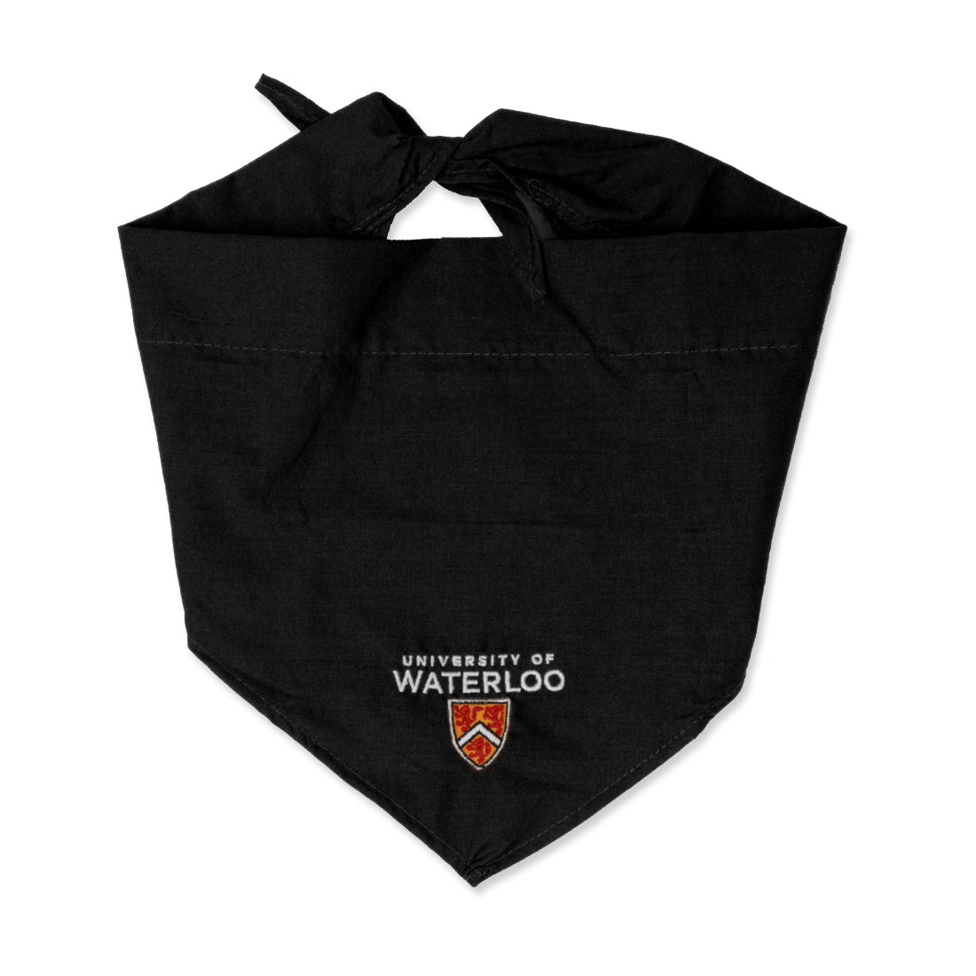 A black bandana with a knot at the top and the "University of Waterloo" logo and crest embroidered at the bottom.